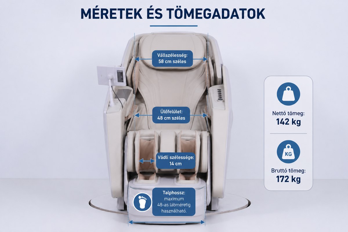 Bionwell Ultimate DC. Premium 5D masszázsfotel - méretek